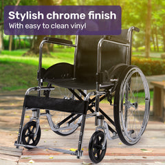 Equipmed Folding Manual Wheelchair Self Propelled, 24" Rear Wheels, Chrome Steel Frame, 46cm Wide Seat, 100kg Capacity, Park Brakes