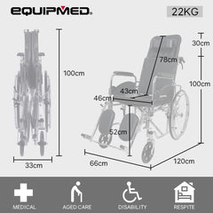 Equipmed Folding Manual Reclining Wheelchair Self Propelled, 24" Rear Wheels, Chrome Steel Frame, 46cm Wide Seat, 100kg Capacity, Park Brakes