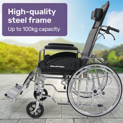 Equipmed Folding Manual Reclining Wheelchair Self Propelled, 24" Rear Wheels, Chrome Steel Frame, 46cm Wide Seat, 100kg Capacity, Park Brakes