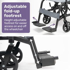 Equipmed Folding Transit Wheelchair, Lightweight Aluminium for Easy Transport, Grey