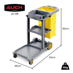 AUCH Janitor Cleaning Trolley, Housekeeping Cart, 3 Shelves, Tool Storage Clamp, Wet Sign Hook, Quiet Wheels, Grey