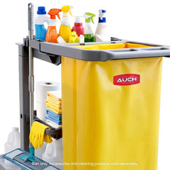 AUCH Janitor Cleaning Trolley, Housekeeping Cart, 3 Shelves, Tool Storage Clamp, Wet Sign Hook, Quiet Wheels, Grey