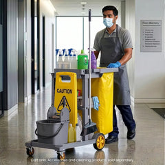 AUCH Janitor Cleaning Trolley, Housekeeping Cart, 3 Shelves, Tool Storage Clamp, Wet Sign Hook, Quiet Wheels, Grey