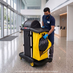 AUCH Double Bag Janitor Cleaning Trolley, Housekeeping Cart, Lockable Cabinet with Storage Tubs, Quiet Wheels, Black