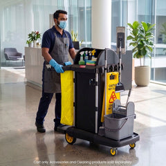 AUCH Double Bag Janitor Cleaning Trolley, Housekeeping Cart, Lockable Cabinet with Storage Tubs, Quiet Wheels, Black