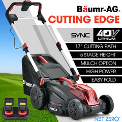 BAUMR-AG 520CX 40V SYNC 17" Cordless Lawn Mower Kit, Fast Charger, 2 x 4Ah Battery, 5 Cutting Heights, Adjustable Ergonomic Handle, Mulching Option