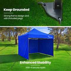 RED TRACK 3x3m Premium Pop Up Gazebo Marquee, Patented Steel Cable Canopy Support System, Wheeled Carry Bag, Side Walls, UV Block, Reinforced Frame, Blue