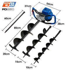 POWERBLADE PD950 52cc 2-Stroke Petrol Post Hole Digger, w/ 3 Auger bits, 600mm Extension Shaft