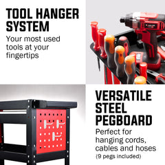 Bullet 3-Tier Steel Tool Trolley Cart, for Workshop, Mechanic, with Drawer, Pegboard, Screwdriver Bay, Black/Red