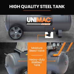 Unimac 70L 2.2kW Commercial Air Compressor, 280L/min 116PSI, Brushless Motor, Certified Tank, Long Service Life