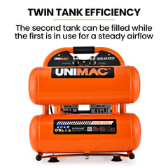 UNIMAC 20L Twin Tank Air Compressor, 116PSI Portable Silent Oil-Free Electric, for Airtools Tyre Inflation
