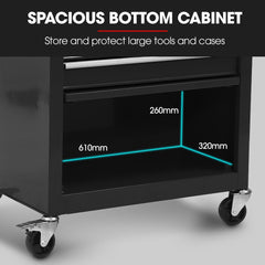 Bullet Pro 4 Drawer Tool Box Cabinet Trolley Storage, with 1-Door Toolbox Garage Organiser Set, Black