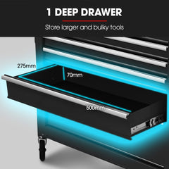 BULLET Pro 7 Drawer Tool Box Cabinet Trolley Storage, Toolbox Garage Organiser Set, Black