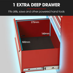 BULLET Pro 7 Drawer Tool Box Cabinet Trolley Storage, Toolbox Garage Organiser Set, Red
