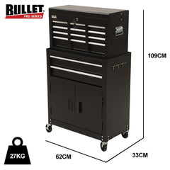 BULLET Pro 8 Drawer Tool Box Chest Cabinet Storage, with 2-Door Toolbox Garage Organiser Set, Black