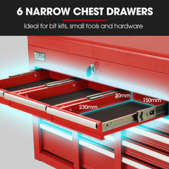 Bullet Pro 16 Drawer Tool Box Cabinet Chest Storage, Toolbox Garage Organiser Set, Red
