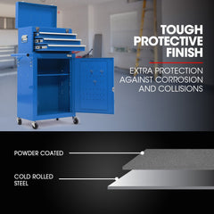 Bullet Pro 3 Drawer Tool Box Cabinet Trolley Storage, with 1-Door Toolbox Garage Organiser Set, Blue