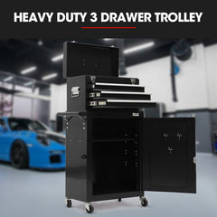 Bullet Pro 3 Drawer Tool Box Cabinet Trolley Storage, with 1-Door Toolbox Garage Organiser Set, Black
