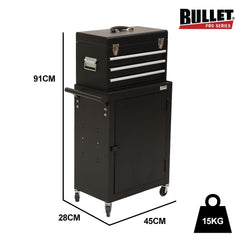 Bullet Pro 3 Drawer Tool Box Cabinet Trolley Storage, with 1-Door Toolbox Garage Organiser Set, Black