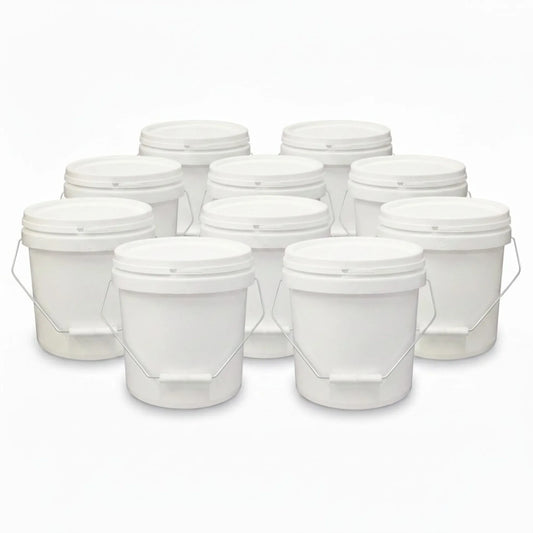 Kitchee Bulk 10x 10L Plastic Buckets + Lids - Empty White With Handle Large Pail