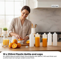 Kitchee 10x 250ml Natural HDPE Round Bottle + 28/410 Caps - Empty Plastic Food Storage