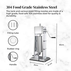 Kitchee 5L Manual Vertical Sausage Filler - Stainless Stuffer Meat Press Machine