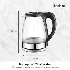 Kitchee 1.7L Glass Electric Kettle LED Light Cordless 360 Water Boiling Jug
