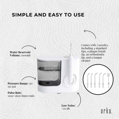 Orku 1000ml Water Flosser Electric Oral Irrigator - Stepless Pressure White