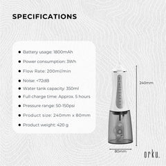 Orku Portable Oral Irrigator Flosser 350ml - Rechargeable Teeth Cleaner