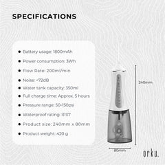 Orku Portable Oral Irrigator Flosser 350ml - Rechargeable Water Dental Teeth Cleaner