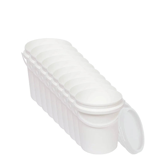 Kitchee 10x 1.2L Plastic Buckets + Lids - Food Grade Empty White Tub With Handle