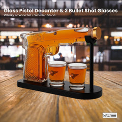 1.2L Whisky or Wine Decanter Glass Pistol Set - 2 Shot Glasses + Wooden Stand