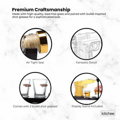 1.2L Whisky or Wine Decanter Glass Pistol Set - 2 Shot Glasses + Wooden Stand