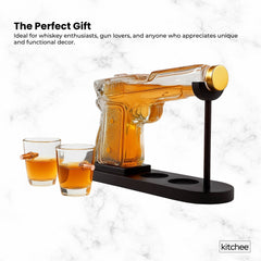 1.2L Whisky or Wine Decanter Glass Pistol Set - 2 Shot Glasses + Wooden Stand