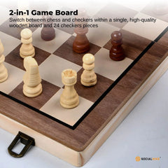 Social Hike 2 in 1 Magnetic Wooden Chess and Checkers Set - Portable Game Board