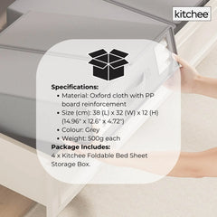 4x Kitchee Foldable Bed Sheet Storage Box - Linen and Closet Organiser Grey
