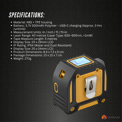Tooleroo 40m Digital Laser Tape Measure + 5m Steel Tape – 3-in-1 Cross Marking