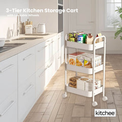 Kitchee 3-Tier Kitchen Storage Cart Trolley with Wheels - Shelf Organiser WHITE