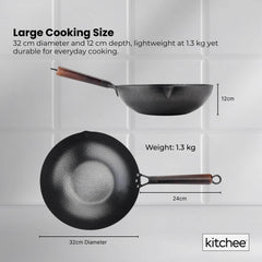 Kitchee 32cm Carbon Steel Wok Set Flat Bottom with Wood Lid + Spatula - Induction Ready