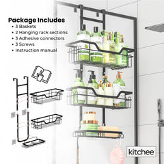 Kitchee 3 Tier Shower Caddy Over Door Bathroom Hanging Shelf Storage Rack Black