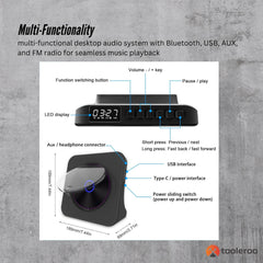 Tooleroo USB Rechargeable Desktop CD Player Speaker – Bluetooth Portable Black
