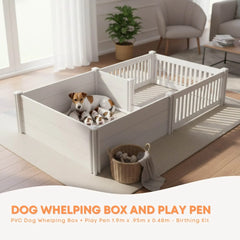 Rooster Farms 1.9m x 0.95m PVC Dog Whelping Box + Playpen Kit - Anti-Crush Rail