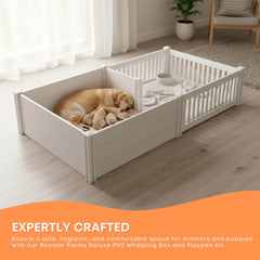 Rooster Farms 1.9m x 0.95m PVC Dog Whelping Box + Playpen Kit - Anti-Crush Rail