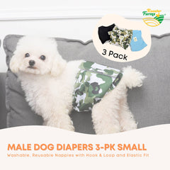 Rooster Farms Male Dog Diapers Small 3Pk - Washable Reusable Nappies Hook/Loop