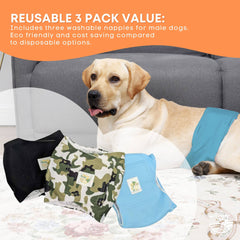 Rooster Farms Male Dog Diapers Medium 3Pk - Washable Reusable Nappies Hook/Loop
