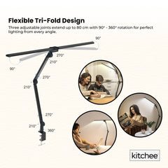 Kitchee Tri-Fold LED Desk Lamp with Clamp - Swinging Arm Eye-Care Dimmable Light