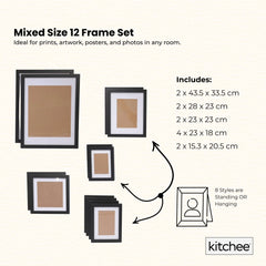 Kitchee 12 Pieces Photo Frame Set - Modern Gallery Wall Pack Matte Black