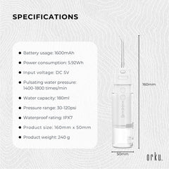 Orku Mini Water Flosser Rechargeable Portable Extendable Travel Oral Irrigator White