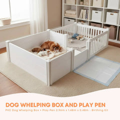 Rooster Farms 2.96m x 1.48m PVC Dog Whelping Box + Playpen Kit - Anti-Crush Rail