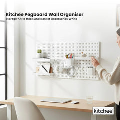 Kitchee Pegboard Wall Organiser Storage Kit 18 with Hooks and Baskets White